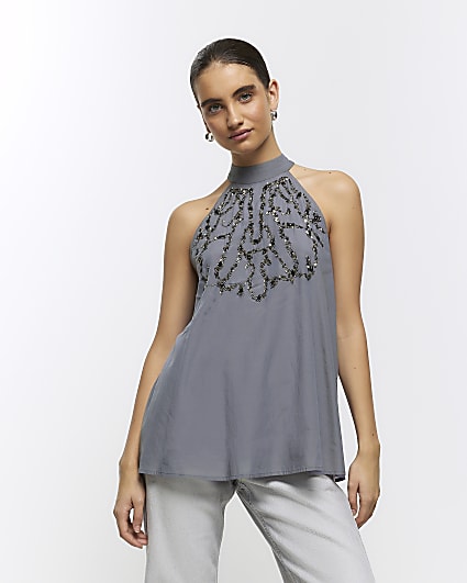 Grey embellished halter blouse