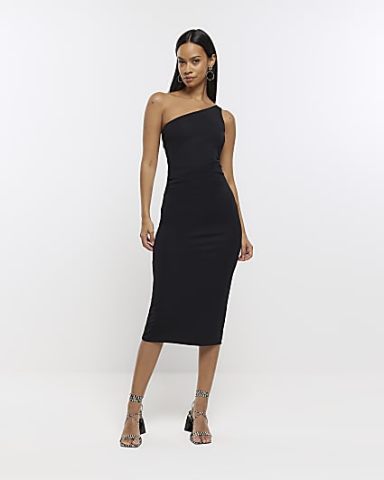 Black drape detail bodycon midi dress