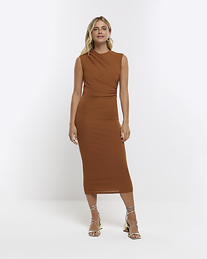 Brown drape bodycon midi dress