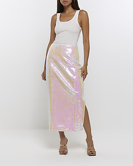 White sequin iridescent maxi skirt