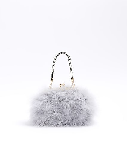 Grey feather diamante cross body bag