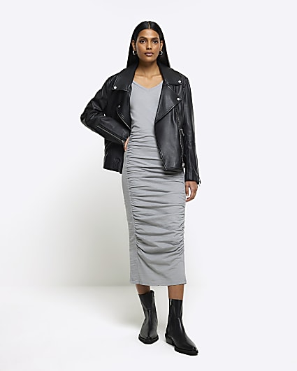 Grey ruched bodycon midi dress