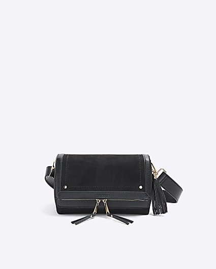Black zip flapover cross body bag