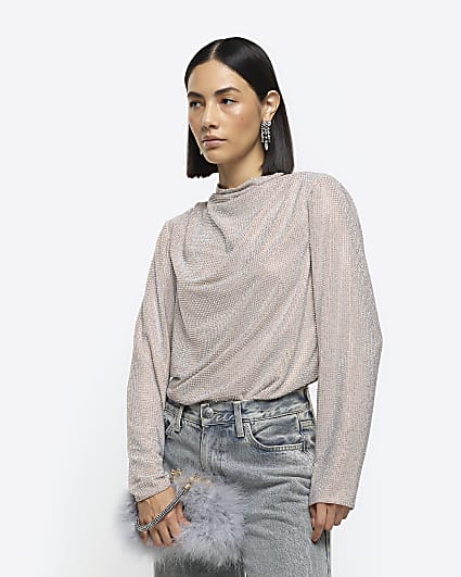 Beige diamante cowl long sleeve top