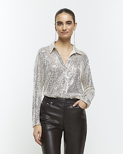 Silver sequin long sleeve shirt