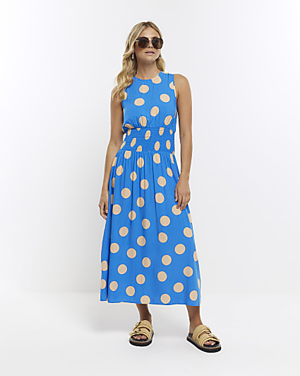 Blue spot shirred waist skater midi dress