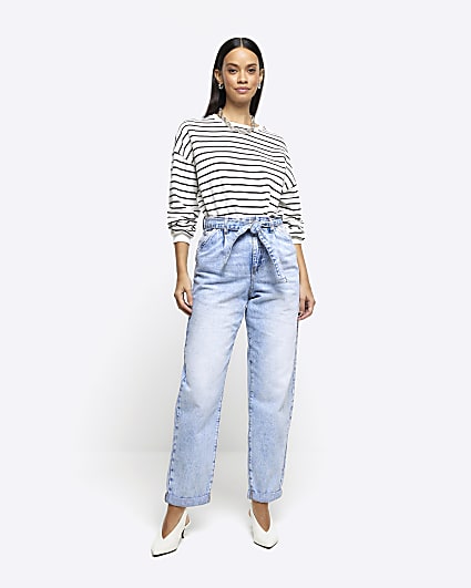 Blue belted relaxed straight jeans