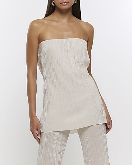 Cream plisse cowl back bandeau top