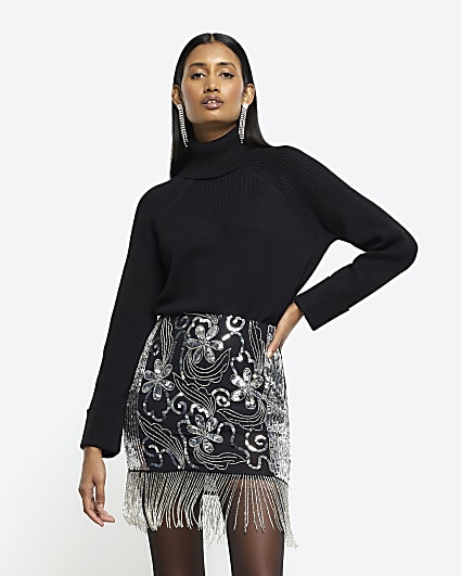 Black sequin detail mini skirt