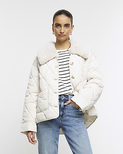 Cream faux fur collar padded jacket