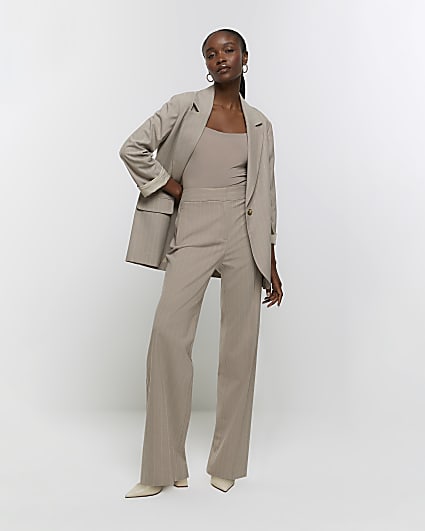 Beige stripe straight trousers