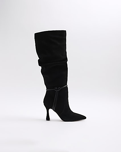Black suede slouch heeled high leg boots
