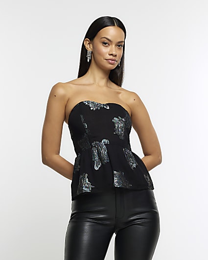 Black metallic floral bandeau top