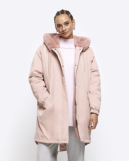 Pink faux fur lining parka coat