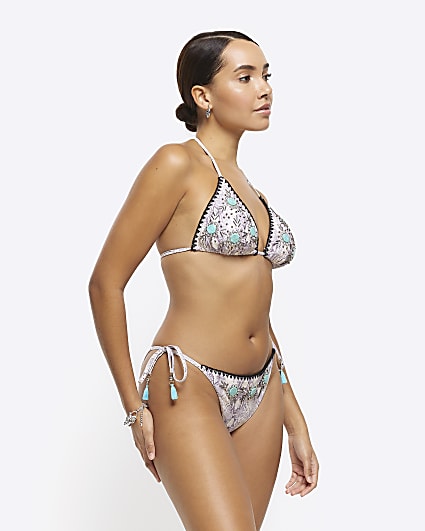 Grey animal print tie side bikini bottoms