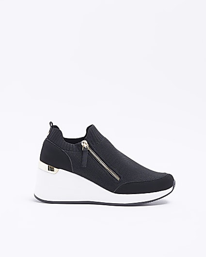 Black wide fit slip on wedge trainers