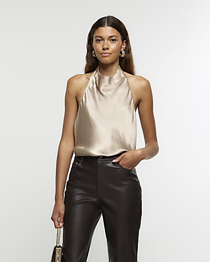 Gold satin halter neck top