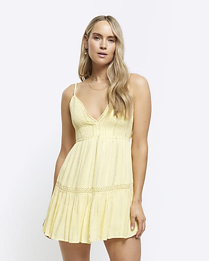 Yellow shirred tiered beach mini dress