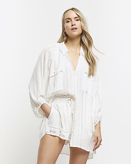 Cream metallic stripe beach shirt