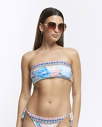 Blue embellished bandeau bikini top