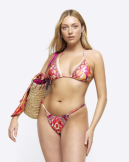 Orange scarf print triangle bikini top