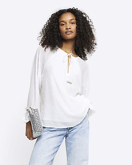 White pearl detail long sleeve blouse