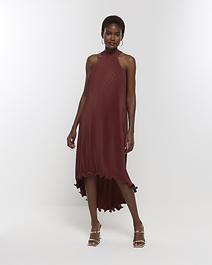 Brown plisse frill hem slip midi dress