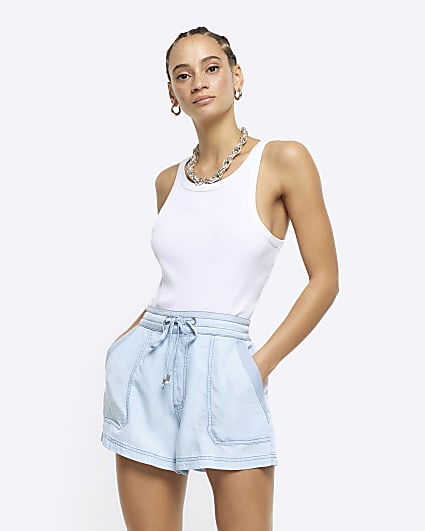 Blue lyocell drawstring shorts