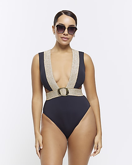 Black buckle plunge swimsuit