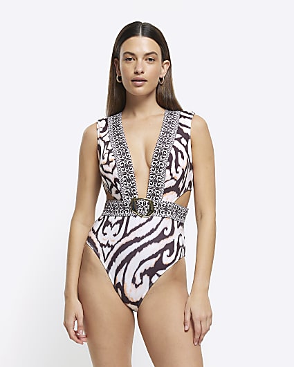 Cream abstract buckle swimsuit