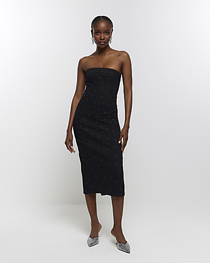 Black denim diamante bandeau midi dress