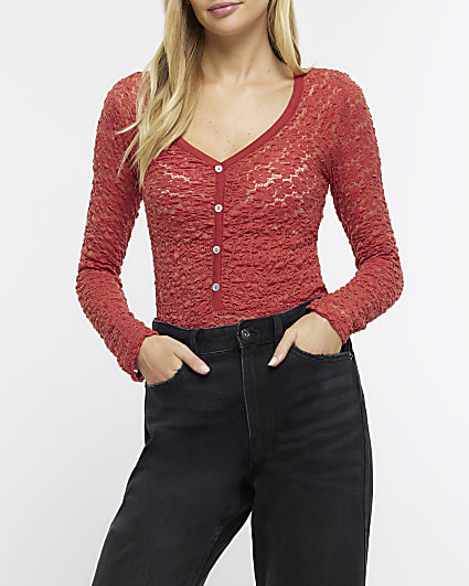 Red lace long sleeve bodysuit