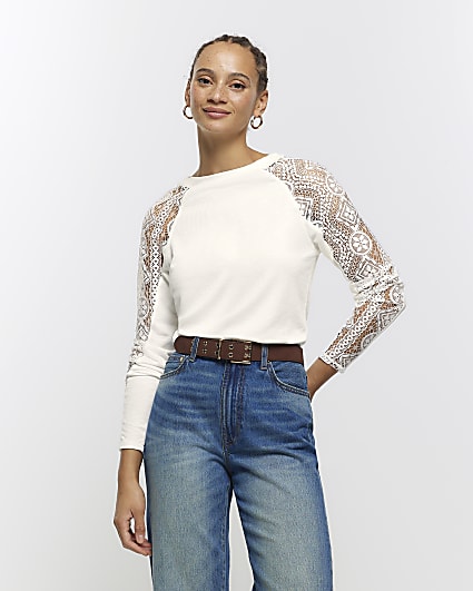 Cream rib lace long sleeve top