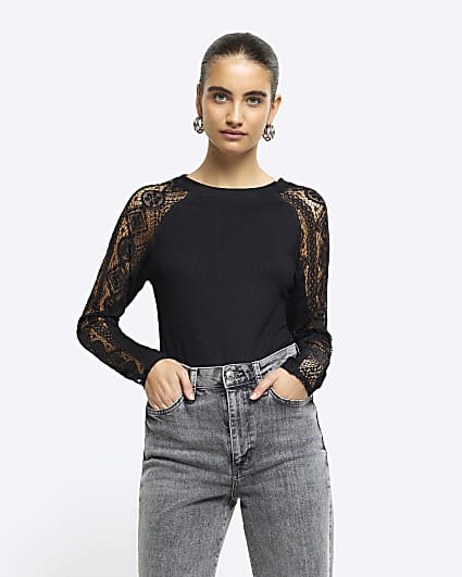 Black rib lace long sleeve top