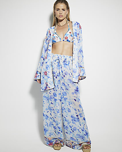 Blue tie dye embroidered beach kimono