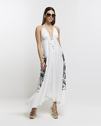 Cream embroidered plunge beach maxi dress