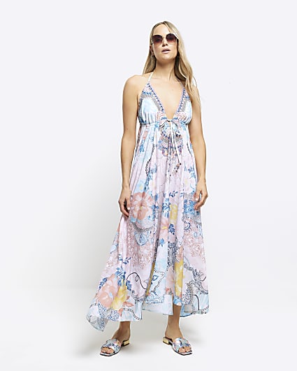 Blue floral plunge slip maxi dress