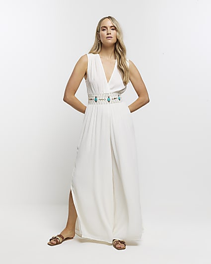 Cream embellished plunge jumpsuit