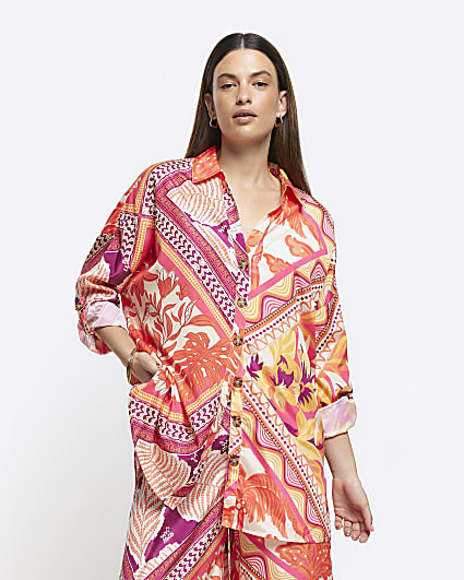 Orange scarf print oversized beach shirt