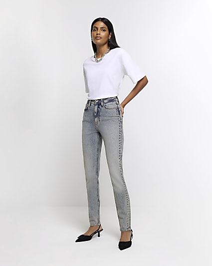 Blue embellished sculpt mom jeans