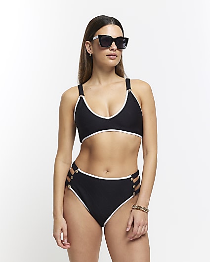 Black textured strap bikini bottoms