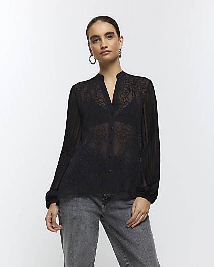 Black embroidered plisse sleeve shirt