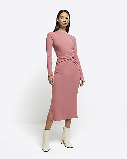 Pink drape front bodycon midi dress