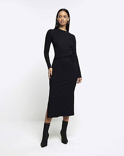 Black drape front bodycon midi dress