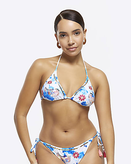 Blue embroidered triangle bikini top