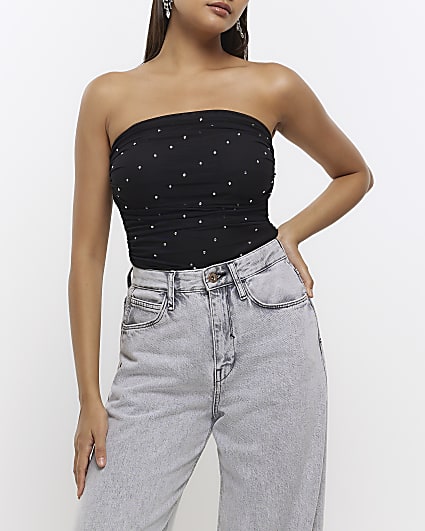 Black mesh diamante bandeau top