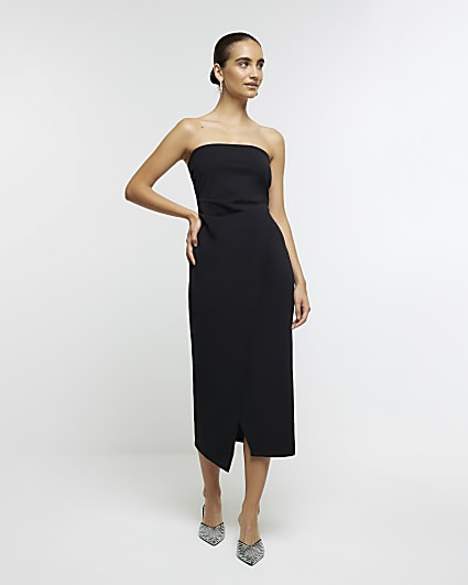 Black bandeau wrap midi dress