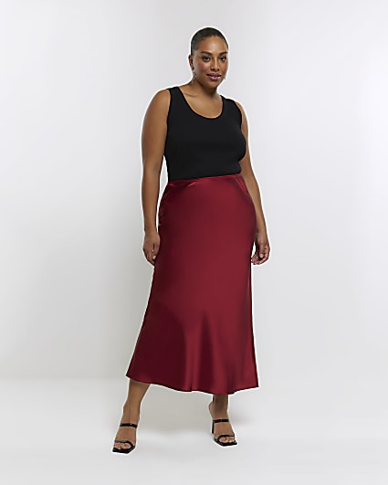 Plus Red Satin Maxi Skirt