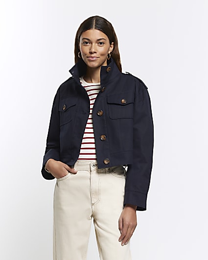 Navy crop trench jacket