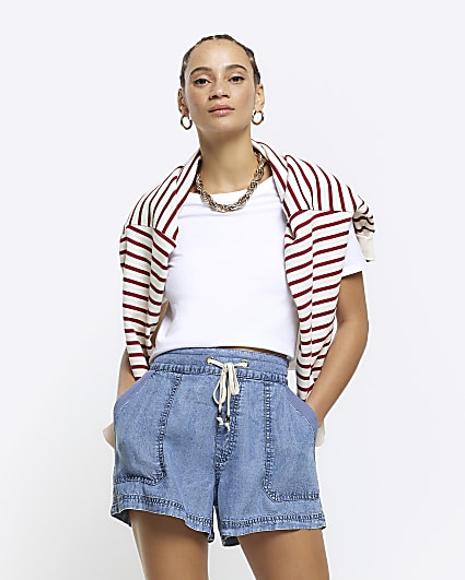 Blue lyocell denim drawstring shorts